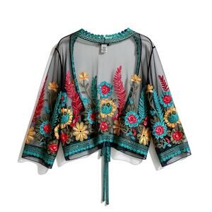 Rachel Zoe Embroidered Mesh Kimono One Size Sheer Floral Boho Resortwear Festiva